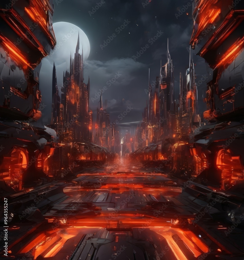Poster a futuristic cityscape with towering structures illuminated by a mix of orange and red lights, set a