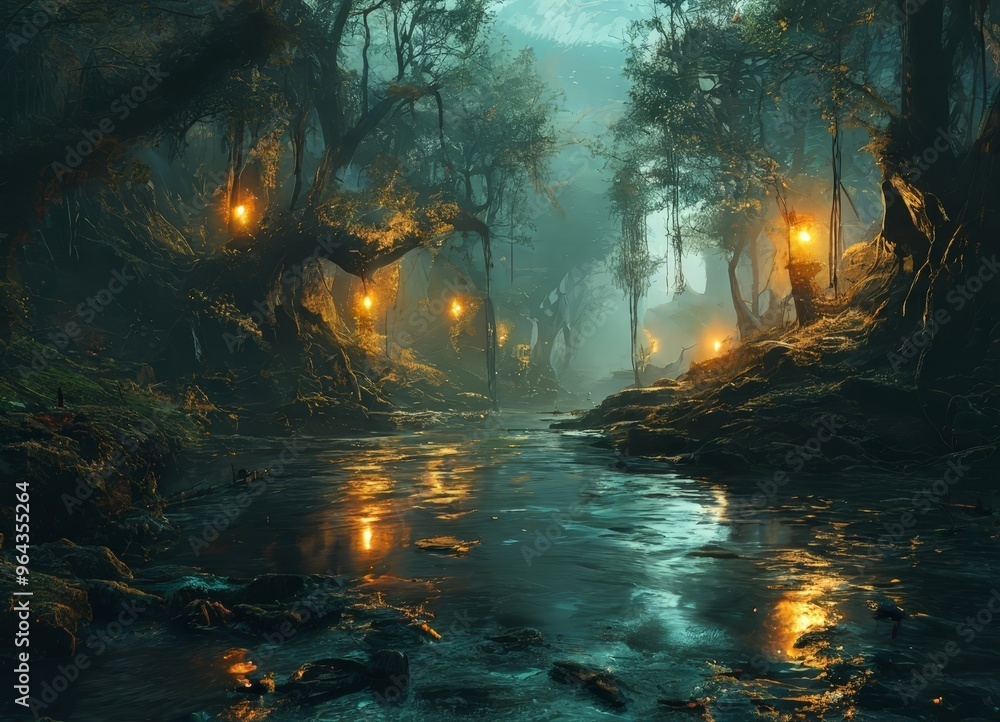Poster a mystical forest scene with glowing lanterns illuminating a tranquil stream, surrounded by lush gre