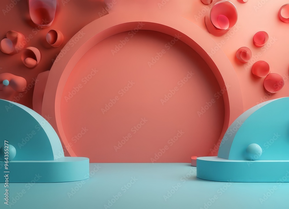 Poster a a pink and blue abstract background with a large circular opening in the center, flanked by two bl