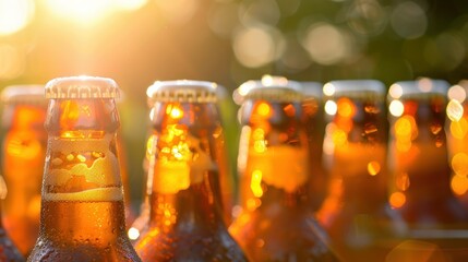 Beer bottles chilling in golden hour light ideal for socializing and enjoyment. Concept Beer Bottles, Golden Hour, Socializing, Enjoyment, Photography 