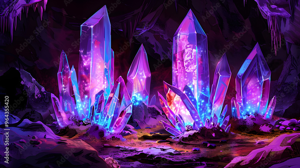 Poster crystal cave where gemstones emit holographic projections and mineral veins trace out complex algori