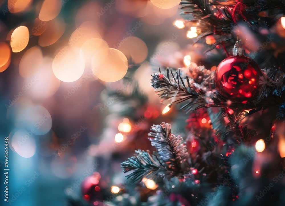 Poster A close-up view of a Christmas tree adorned with red ornaments and twinkling lights, with a blurred background of bokeh lights.