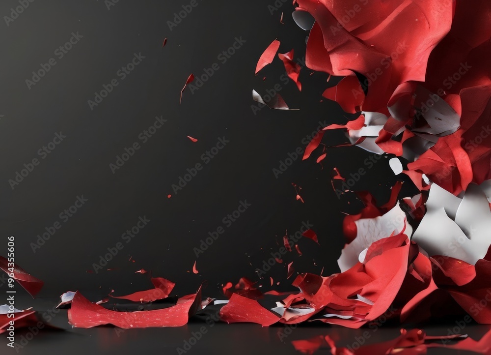 Poster a dramatic scene of red and white paper pieces scattered across a dark background, creating a sense 