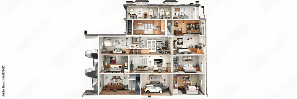 Poster cutaway view of a high rise building with many rooms and floors showing different views of the outsi