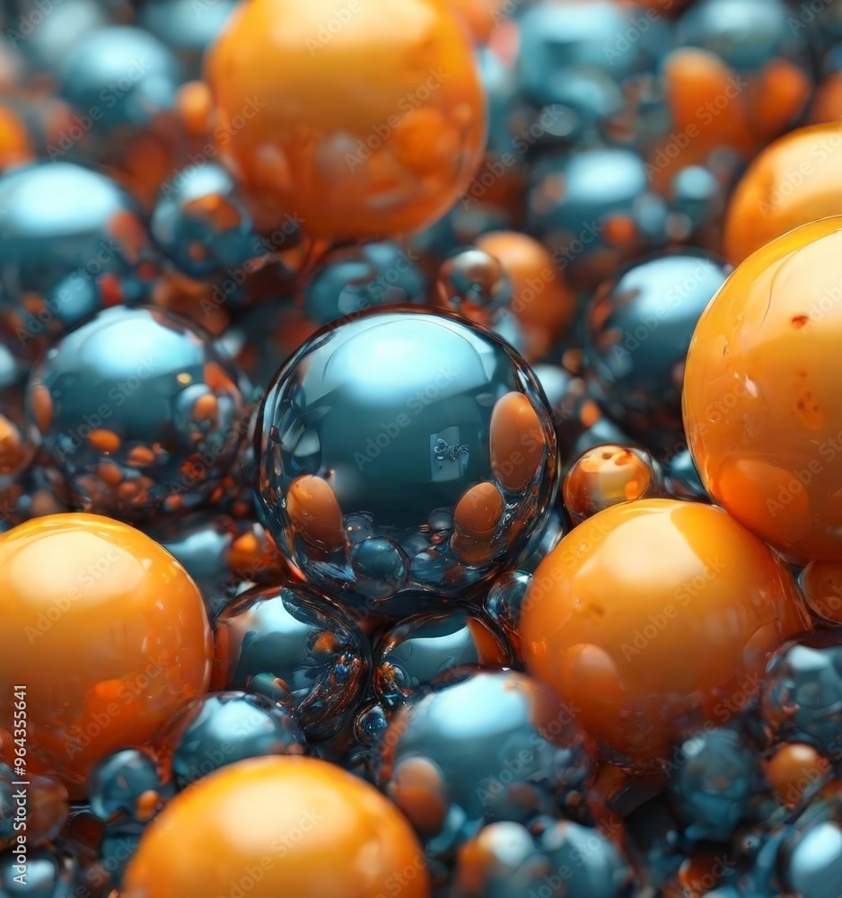 Poster a close-up view of a collection of spherical objects, predominantly orange and blue, with some refle