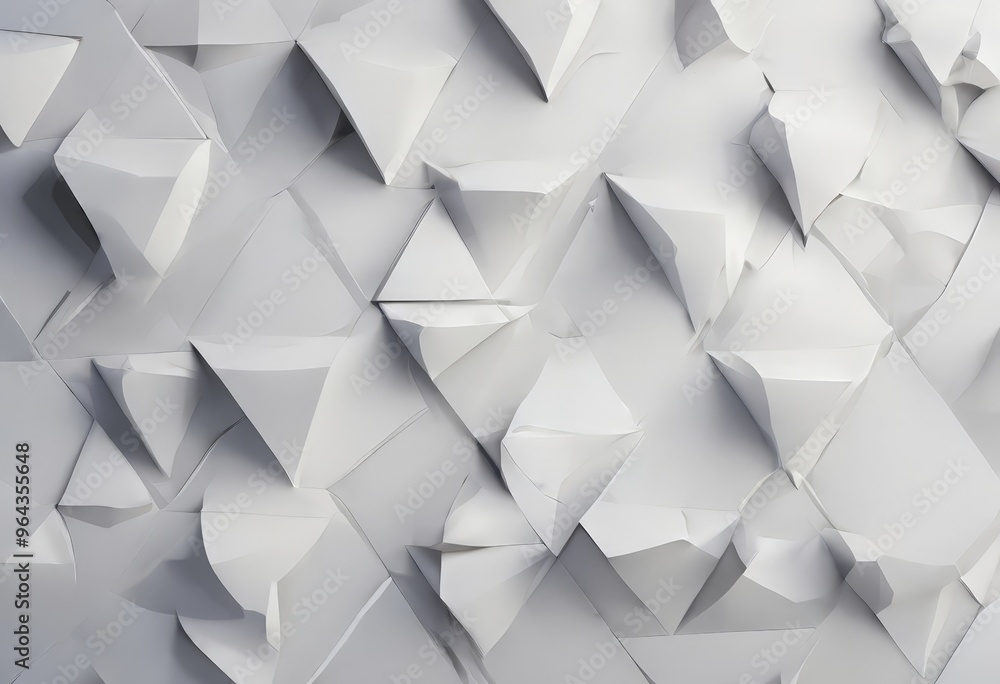 Poster a close-up view of a white paper sculpture composed of numerous triangular shapes arranged in a comp