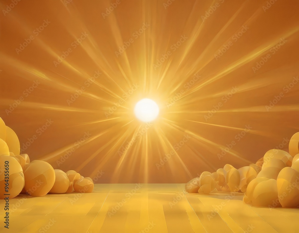 Poster a serene and tranquil scene with a radiant sun at the center, casting a warm glow on a field of sphe