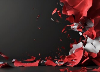 a dramatic scene of red and white paper pieces scattered across a dark background, creating a sense of fragmentation and disarray.