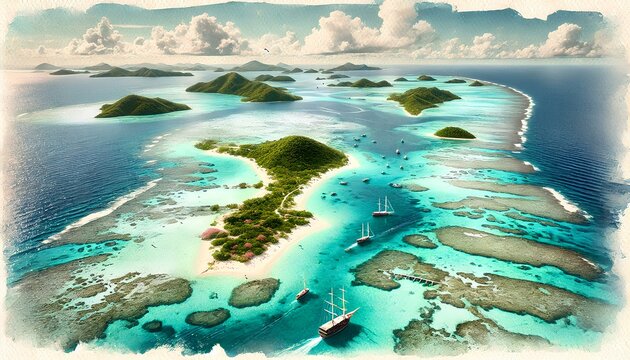 A watercolor of Los Roques Archipelago, showing turquoise waters, sandy beaches, islands, and marine life.