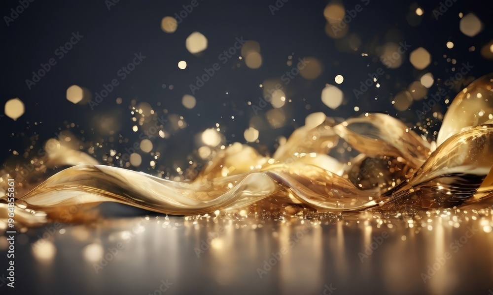 Poster dynamic scene of golden liquid flowing across a dark background, creating a sense of movement and en
