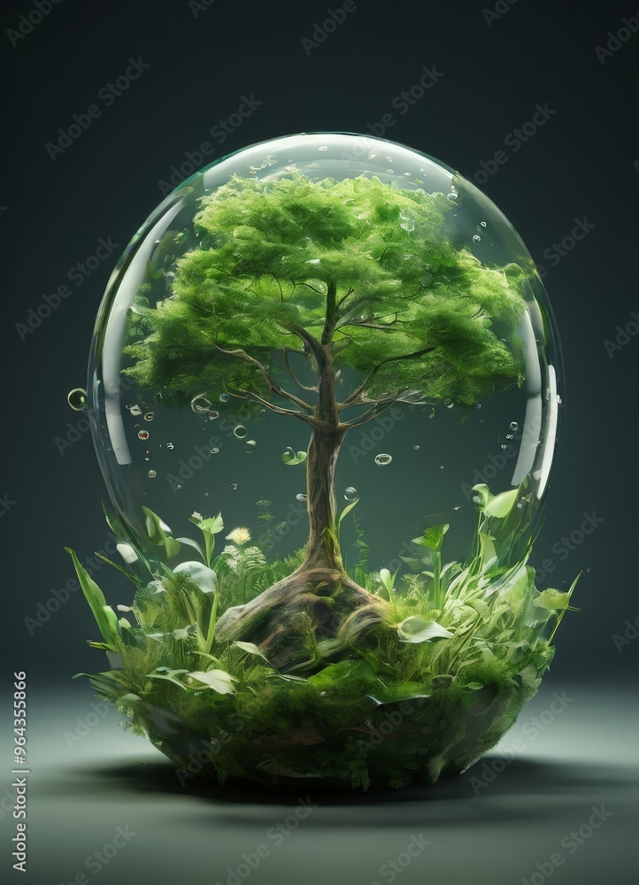 Poster a miniature tree with a brown trunk and green leaves is encased within a transparent dome, surrounde