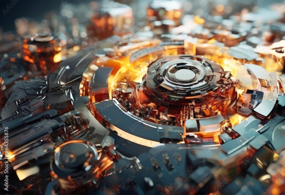 Poster a close-up of a futuristic cityscape, featuring a complex network of metallic structures and glowing