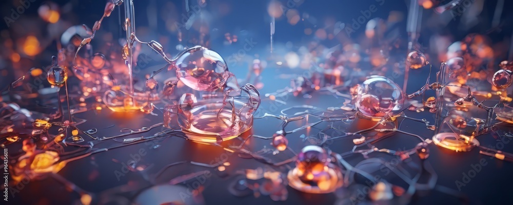 Poster a complex, abstract digital artwork featuring a network of interconnected glass spheres and tubes, w