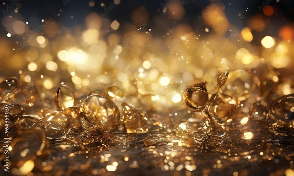 Poster a close-up view of a collection of golden, translucent bubbles scattered across a dark background, c
