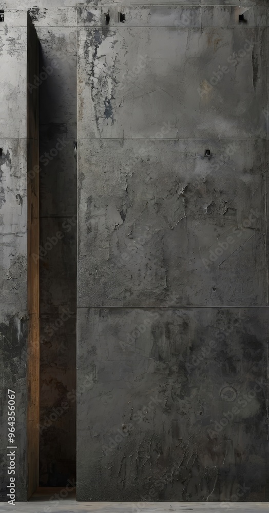 Poster a large, weathered concrete wall with a narrow opening on the left side, creating a sense of depth a