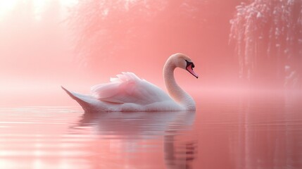 Naklejka premium Elegant Swan Swimming Gracefully in Calm Waters Under a Soft Pastel Pink Sky for Tranquil and Serene Visuals