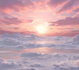 A breathtaking sunset over a snowy, mountainous landscape, with the sun's rays reflecting off the ice and snow.