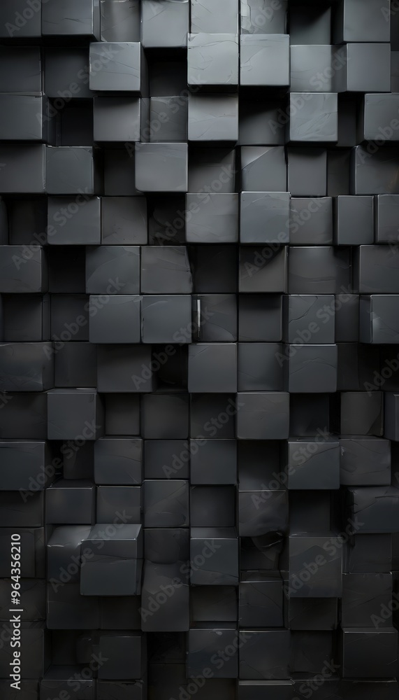 Poster a dark, monochromatic pattern of black cubes arranged in a grid-like fashion, creating a visually st