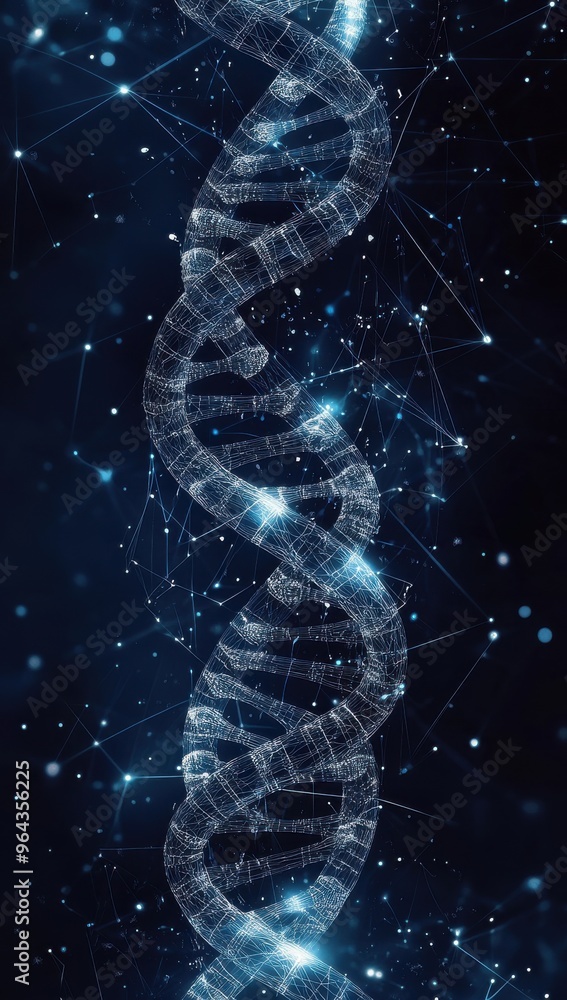 Poster digital art depicting an abstract dna helix with interconnected nodes on a dark blue background repr