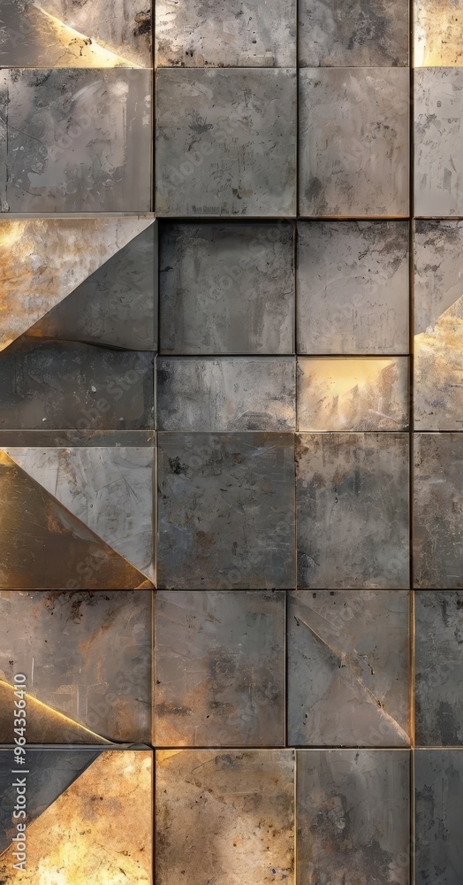 Poster a close-up view of a textured wall composed of square tiles in various shades of gray and brown, arr