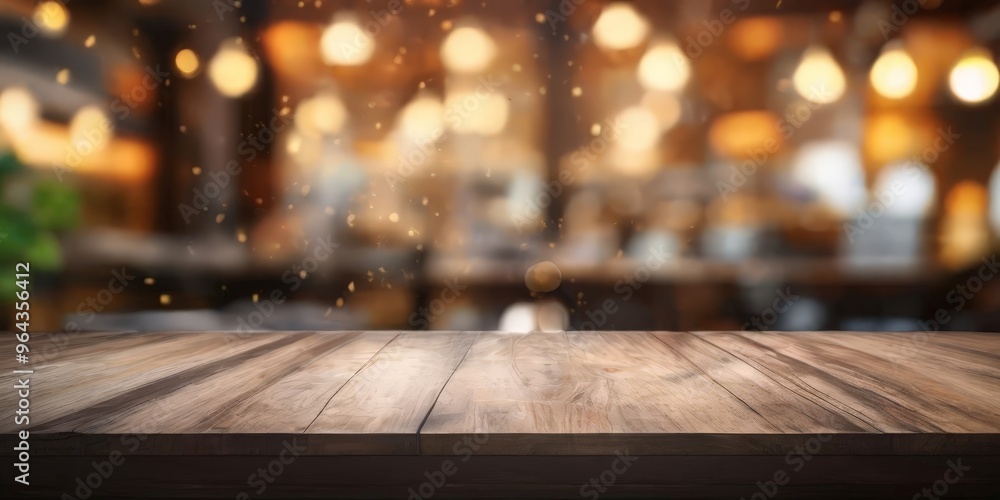 Poster a wooden table in the foreground with a blurred background of a restaurant or bar setting, featuring