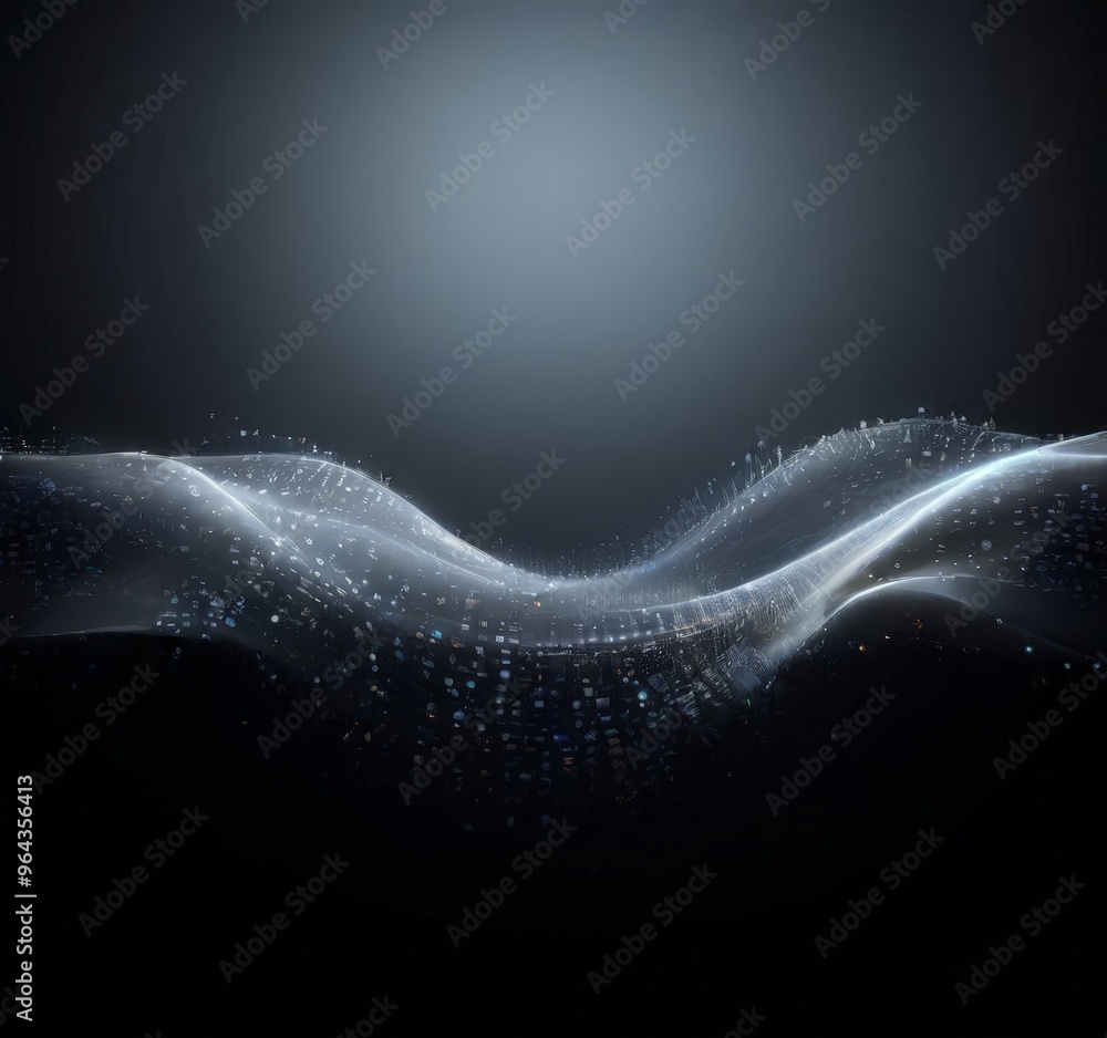 Poster a digital art piece featuring a wave-like pattern of white and blue lines and dots, creating a sense