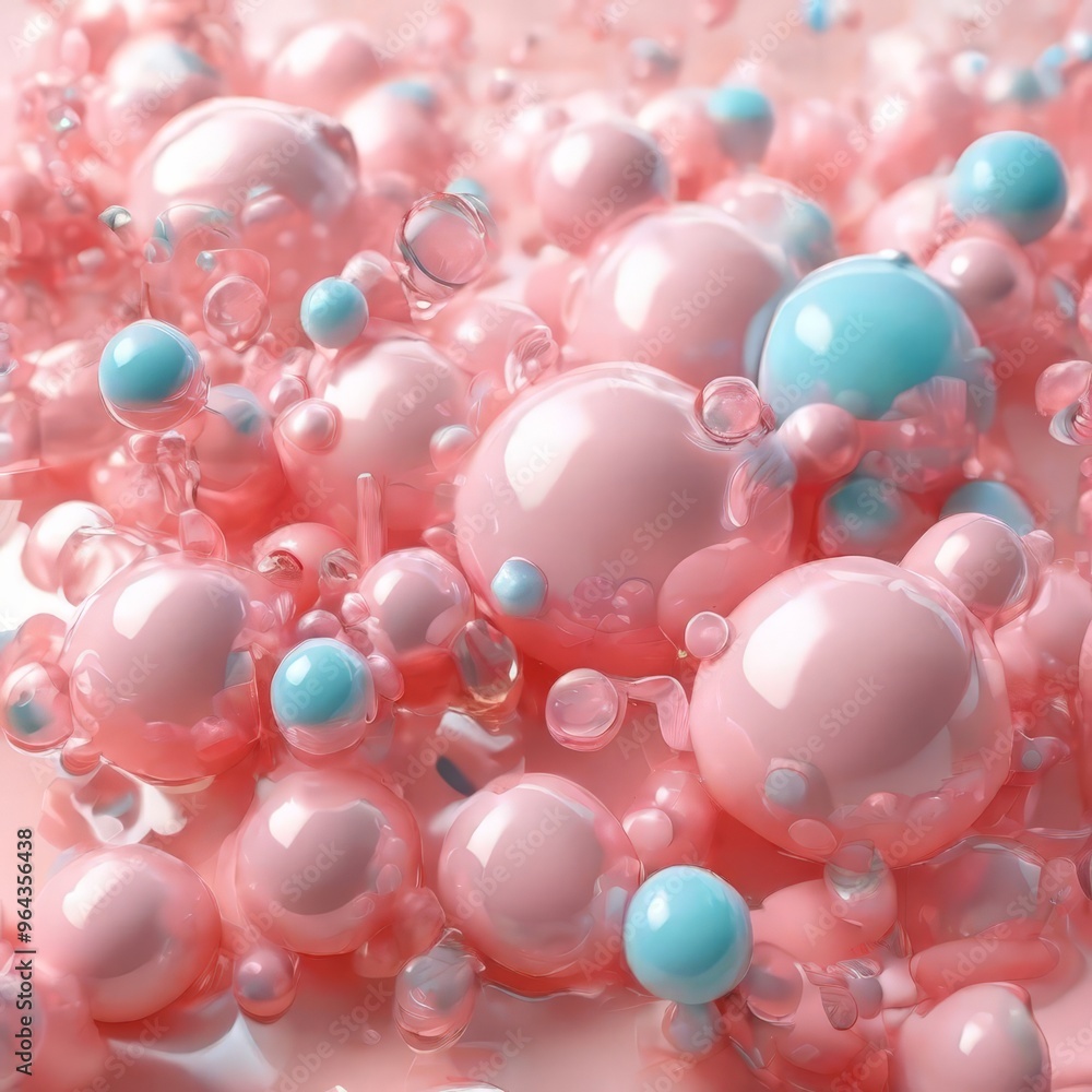 Poster close-up view of a collection of pink and blue spheres, with the spheres varying in size and overlap