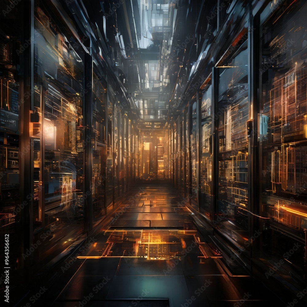 Poster a long, dimly lit corridor with rows of computer servers and glowing, neon-like lights lining the walls. The floor is covered in a network of cables and wires, creating a