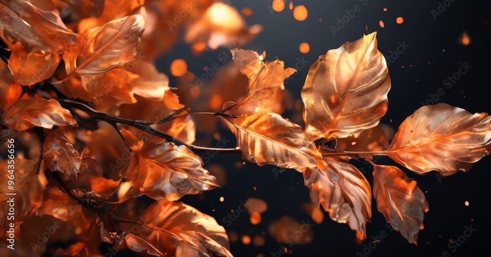 Poster a close-up view of a branch with vibrant orange leaves against a dark background. the leaves are arr