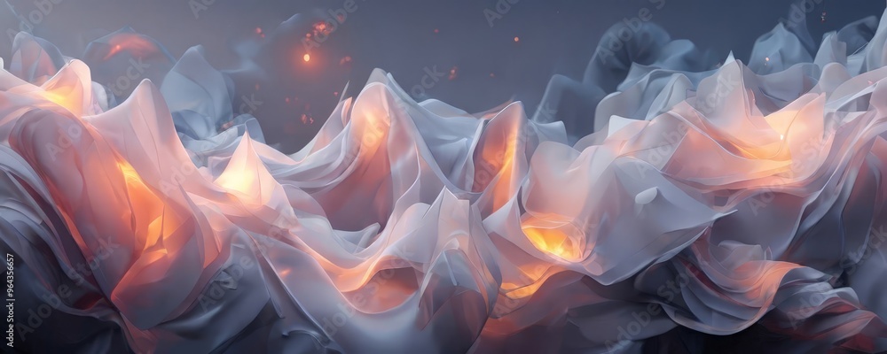Poster a surreal, abstract scene with swirling, ethereal shapes and glowing, fiery elements. the background