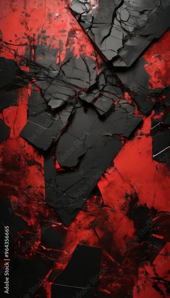 Poster a striking abstract composition of black and red elements, with a sense of fragmentation and decay. 