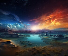 a serene landscape with a tranquil lake surrounded by mountains under a starry night sky. The sun is setting, casting a warm glow over the scene and highlighting the vibrant