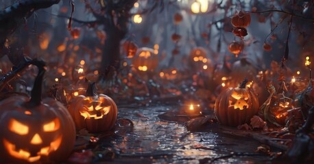 A Halloween scene with jack-o'-lanterns and twinkling lights, set against a dark, foggy forest backdrop.