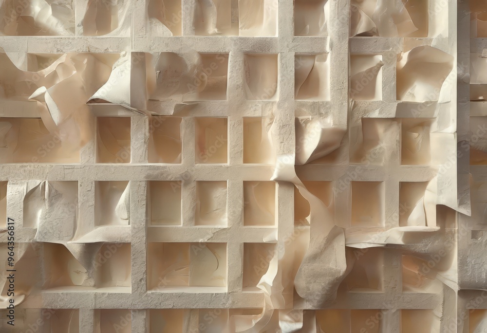 Poster a close-up view of a textured, beige-colored surface with a grid-like pattern of small, square holes