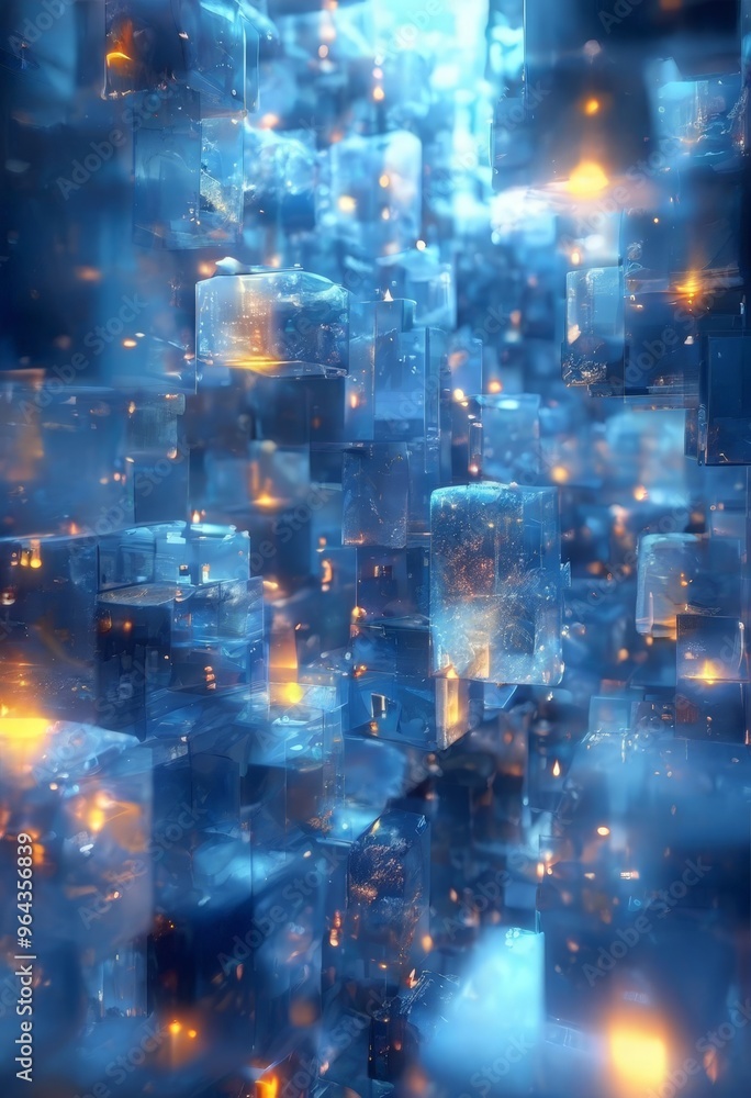 Poster a digital artwork featuring a complex arrangement of cubes in shades of blue and orange, creating a 