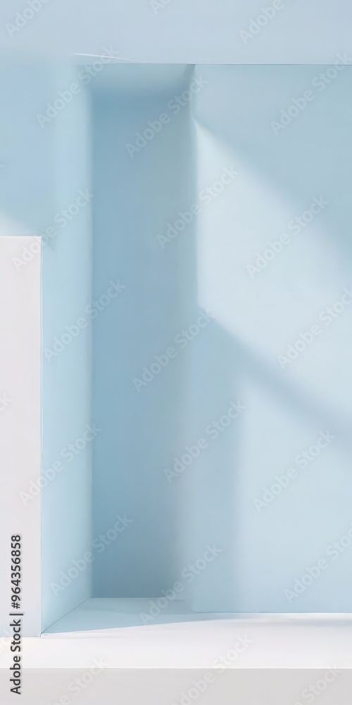 Poster a minimalist architectural design with a clean, light blue color scheme, featuring a vertical wall a