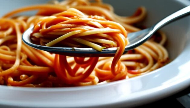 A forkful of steaming spaghetti with shiny noodles and a hint of tomato sauce
