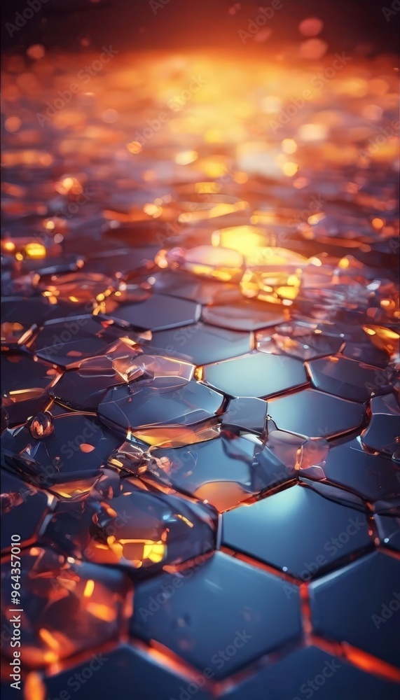 Poster a close-up view of a textured surface composed of numerous small hexagonal tiles, with a warm, fiery