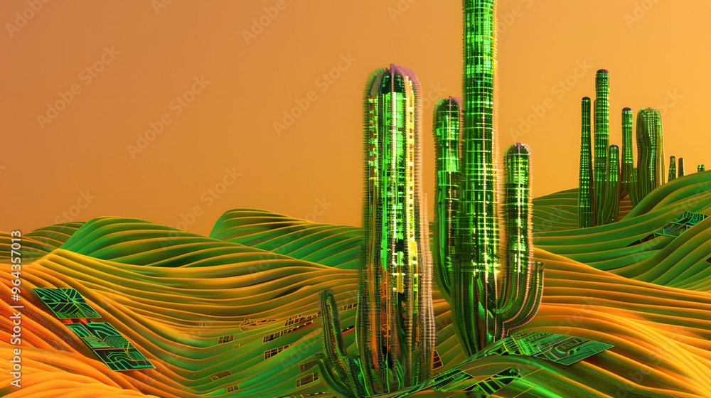 Poster desert landscape with cacti made of solar panels and sand dunes transition into circuit board patter