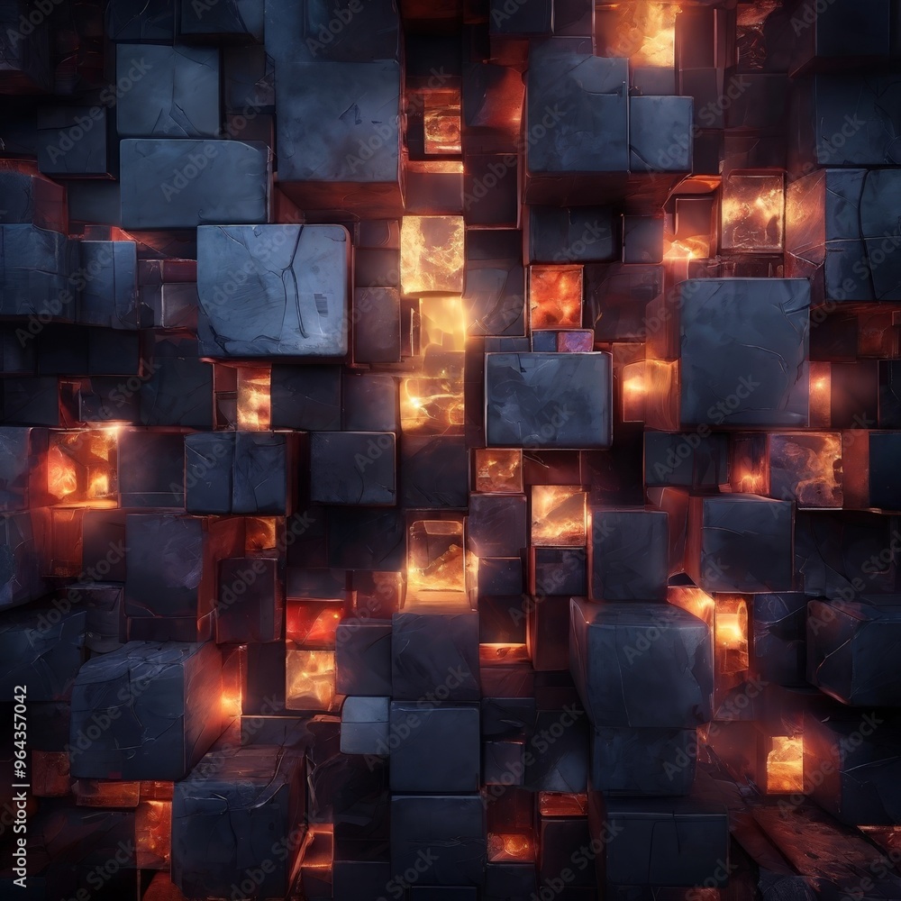 Poster a complex arrangement of dark, rectangular cubes with lighted areas, creating a visually striking an
