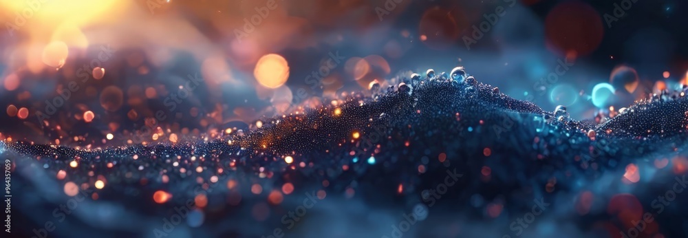 Poster a close-up view of a water surface, with a multitude of water droplets scattered across the surface,
