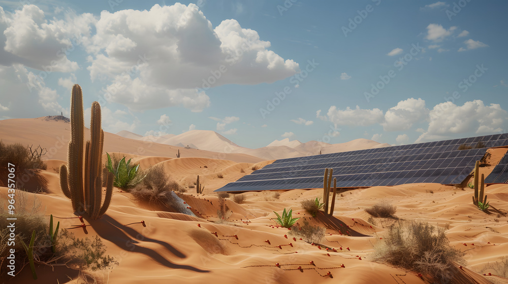Poster desert landscape with cacti made of solar panels and sand dunes transition into circuit board patter