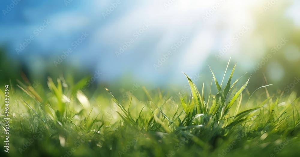 Poster a close-up view of lush green grass with sunlight filtering through the blades, creating a serene an