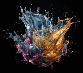 a dynamic splash of water in various colors, including blue, orange, and pink, against a black background.