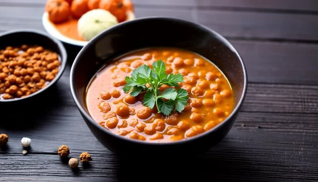 Traditional indian soup lentils. indian dhal spicy curry in bowl, spices, herbs, rustic black wooden table
