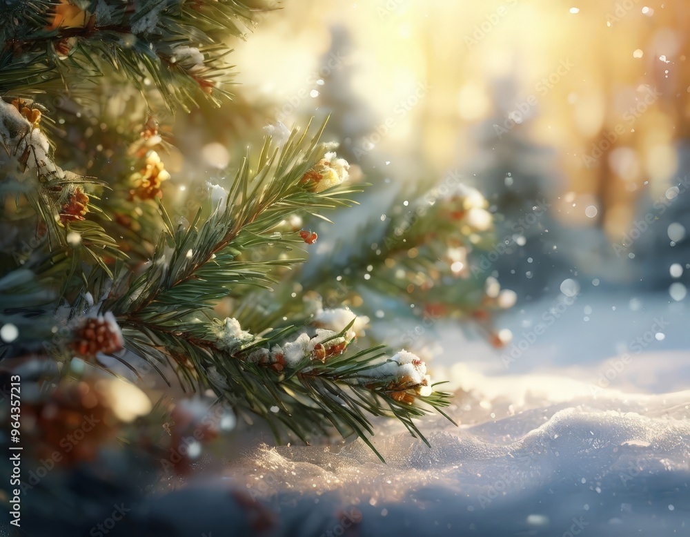 Poster a close-up view of a snow-covered pine tree branch with pine cones, set against a blurred background