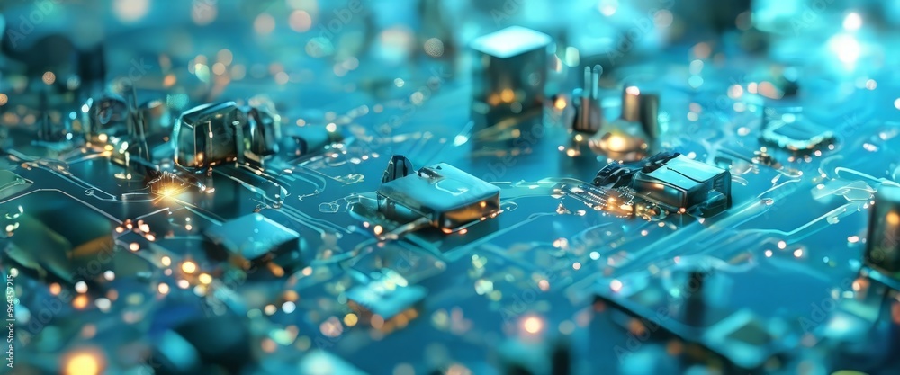 Poster a close-up view of a circuit board with various electronic components and glowing lights, suggesting