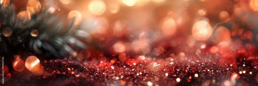 Poster close-up view of a glittering surface, with a blurred background that appears to be a christmas tree