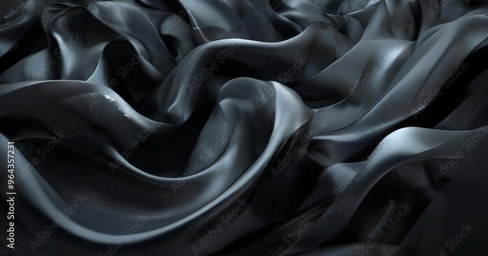 Poster a close-up view of a black fabric with a smooth, flowing texture, resembling the movement of a wave 