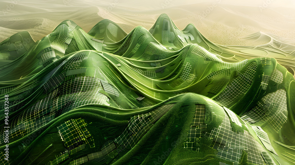 Poster desert landscape with cacti made of solar panels and sand dunes transition into circuit board patter